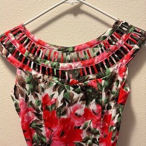 Unique Vintage 1950s White & Pink Floral Sleeveless Olive Swing Midi Dress Retro